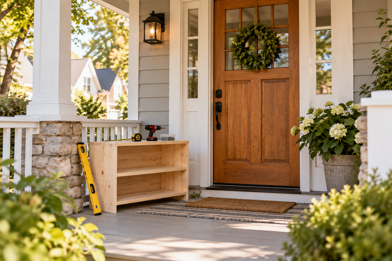 A welcoming home porch with freshly maintained trim and a wooden front door